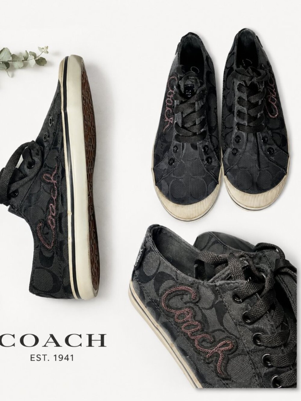 Coach Keeley Signature Jacquard Lace-Up Sneakers Black Gray Women's Size 6.5 B